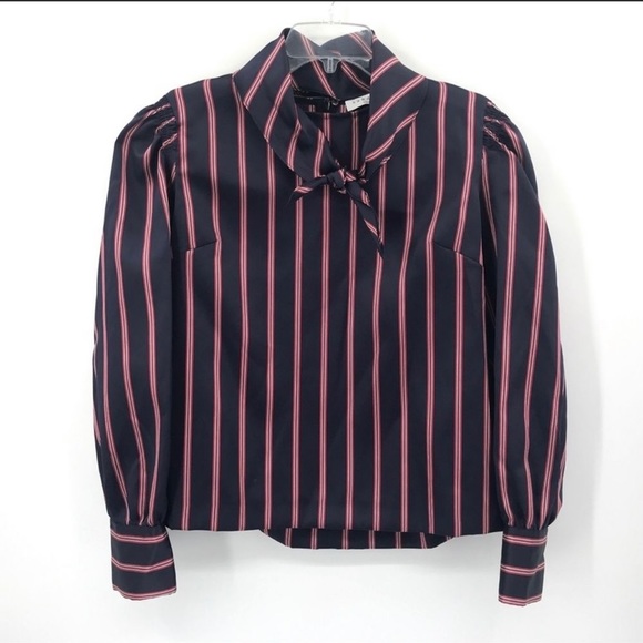 NWT SANDRO Zoe Tie-Neck Striped Satin -Twill Blouse, size 3 - Picture 3 of 8